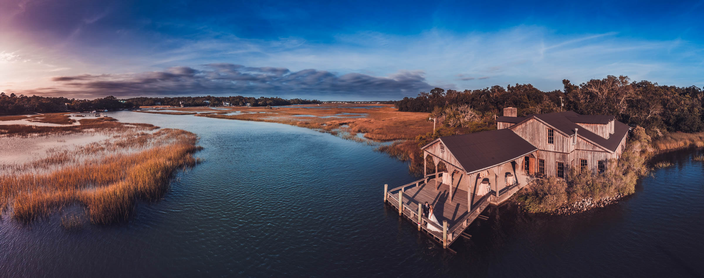 Boone Hall Cotton Dock Aerial Aerial view of the Boone Hall Cotton Dock surrounded by tidal creek and Lowcountry marsh