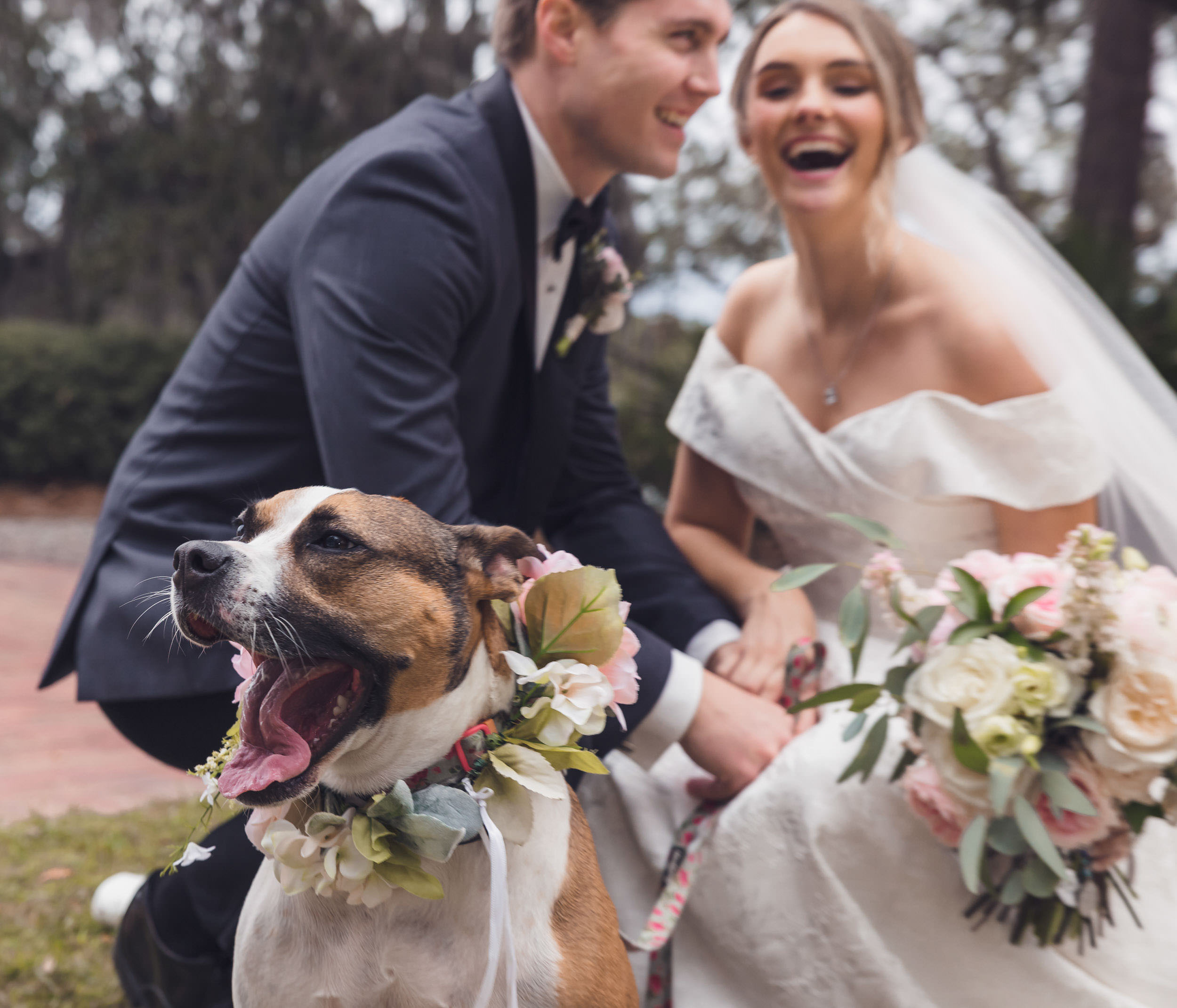 Best Dressed Bride and groom laughing with their dog wearing a floral collar during wedding portraits outside Creek Club at I’On.