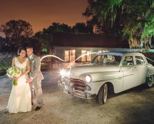 Classic car wedding getaway vehicle