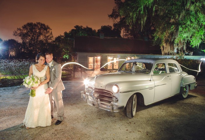 Classic car wedding getaway vehicle