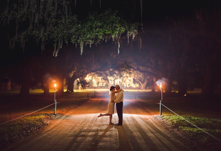 Boone Hall Night Portrait Bride and Groom