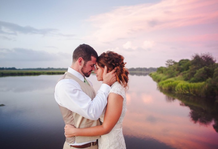 River Sunset with bride and groom wedding portrait