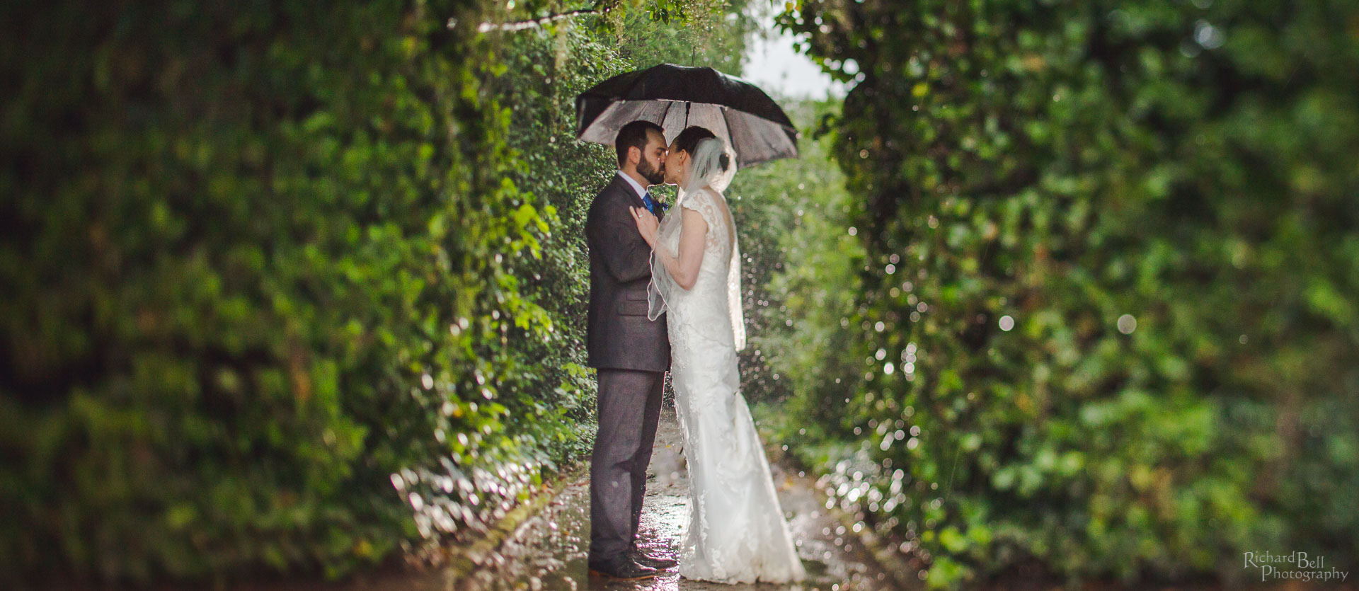 Bride and Groom under umbrella