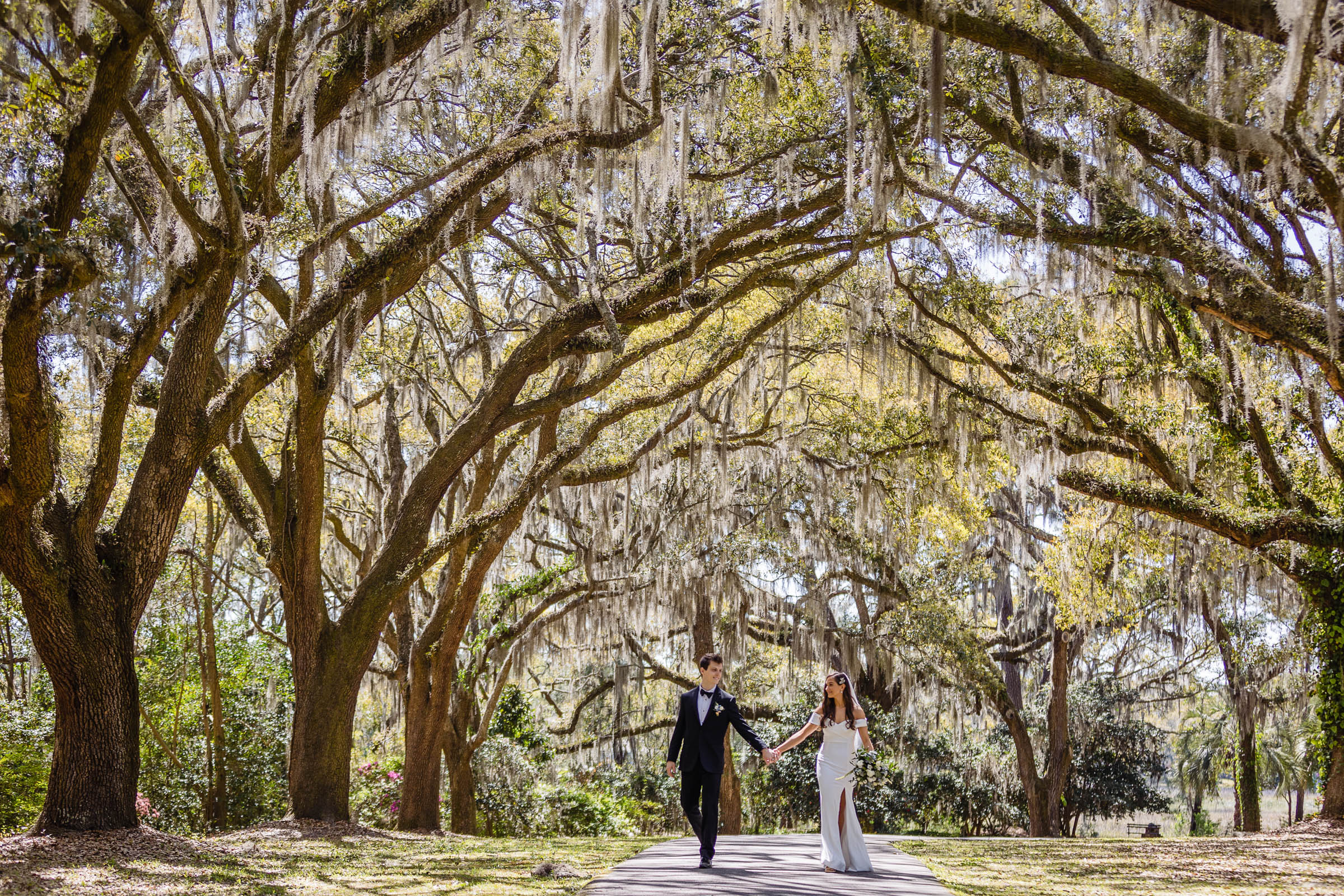 Bride and groom walking hand in hand beneath oak trees draped in Spanish moss along a garden path—romantic Charleston outdoor wedding portrait.